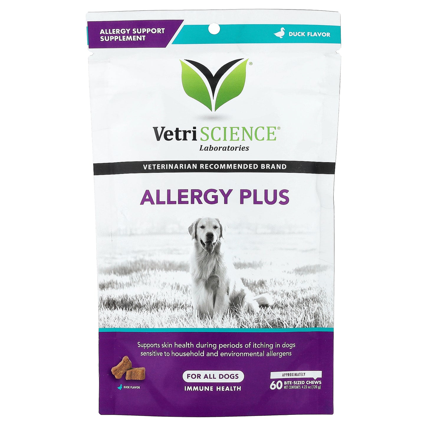 VetriScience, Allergy Plus, For All Dogs, Duck, 60 Bite-Sized Chews, 4.23 oz (120 g)