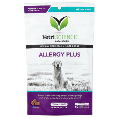 VetriScience, Allergy Plus, For All Dogs, Duck, 60 Bite-Sized Chews, 4.23 oz (120 g)