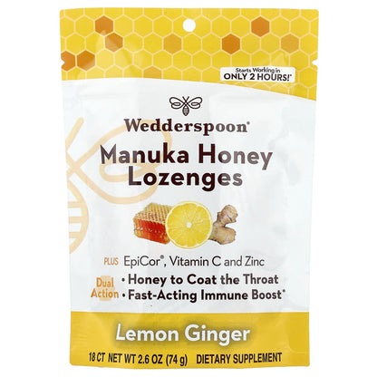 Wedderspoon, Manuka Honey Lozenges, Lemon Ginger, 18 Count, 2.6 oz (74 g)