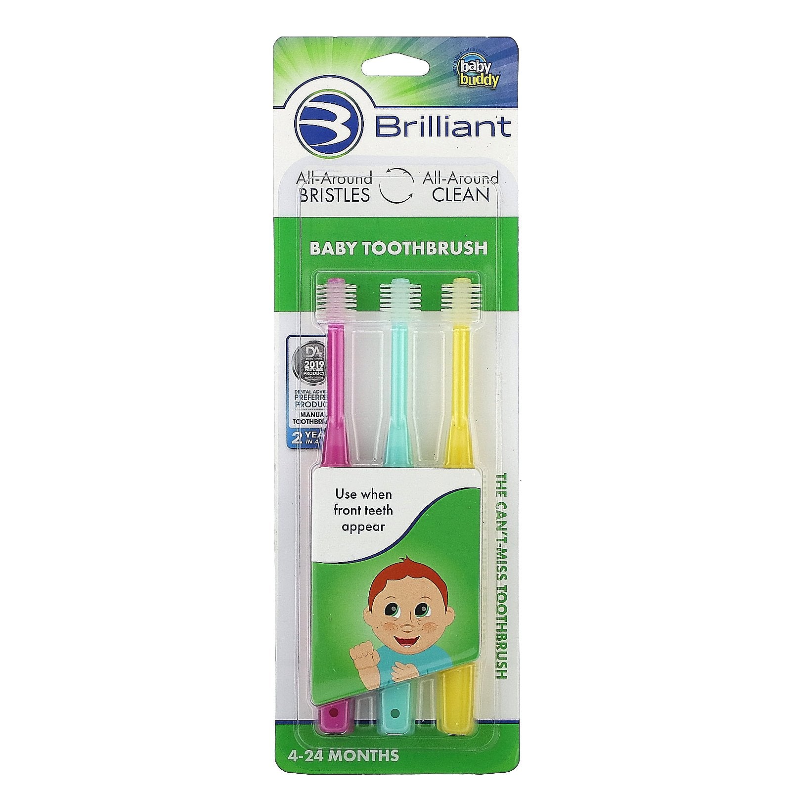 Baby Buddy, Brilliant, Baby Toothbrush, 4-24 Months, Pink, Mint, Yellow , 3 Toothbrushes