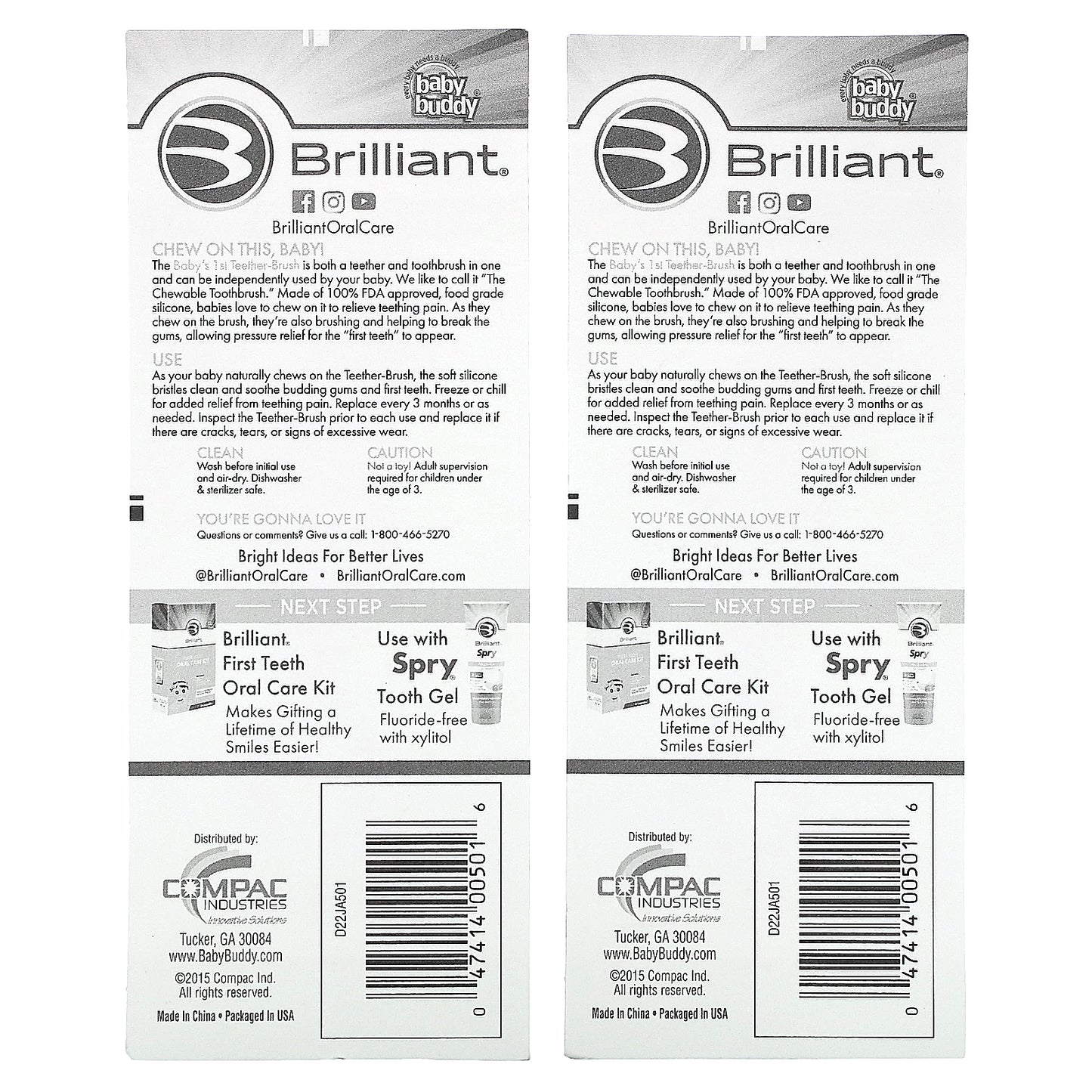 Baby Buddy, Brilliant, Baby's 1st Teether-Brush, 4+ months, 2 Teether-Brush