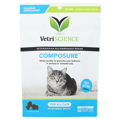 VetriScience, Composure™, For All Cats, Chicken + Trout, 30 Bite-Sized Chews, 1.59 oz (45 g)