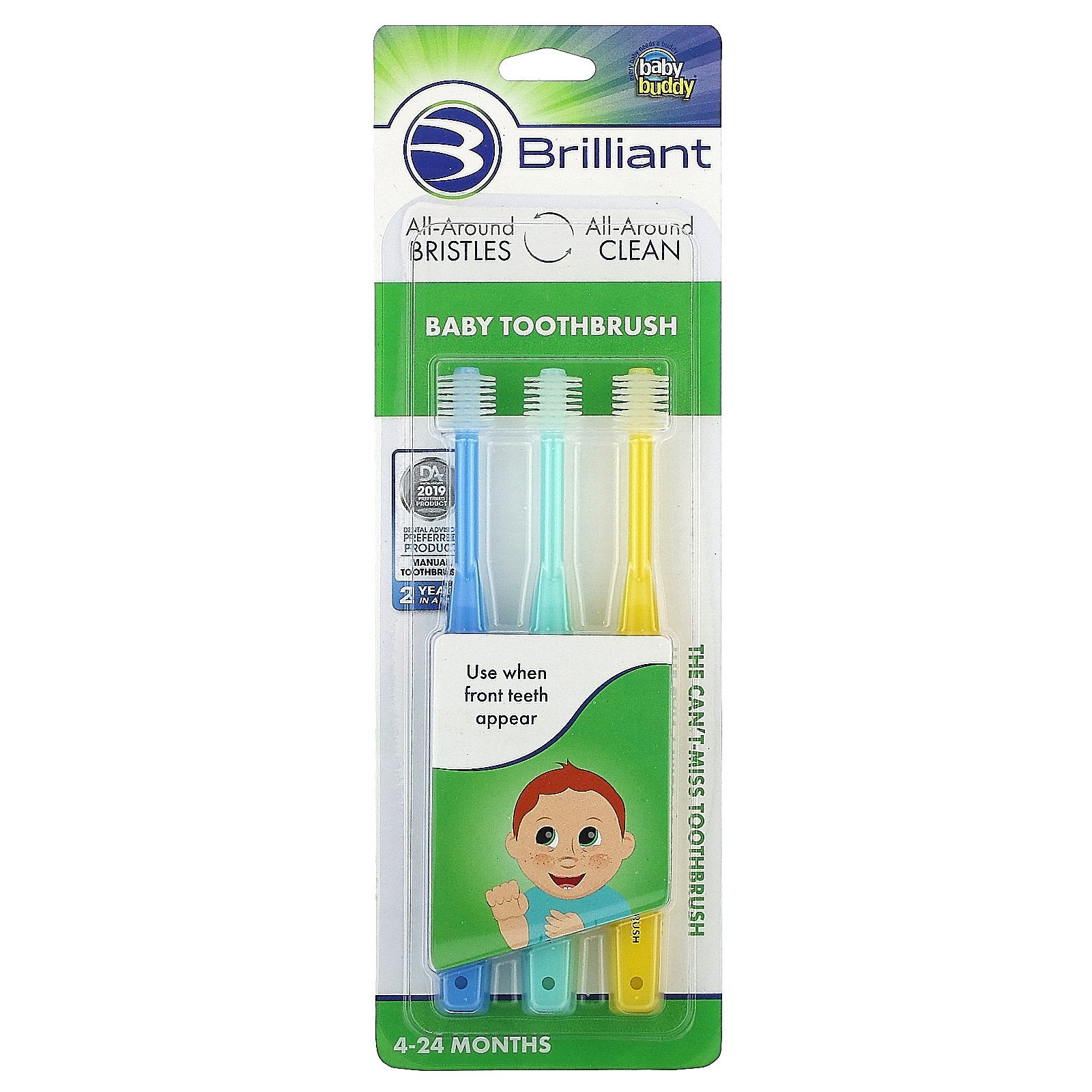 Baby Buddy, Brilliant, Baby Toothbrush, 4-24 Months, Blue, Mint, Yellow, 3 Toothbrushes