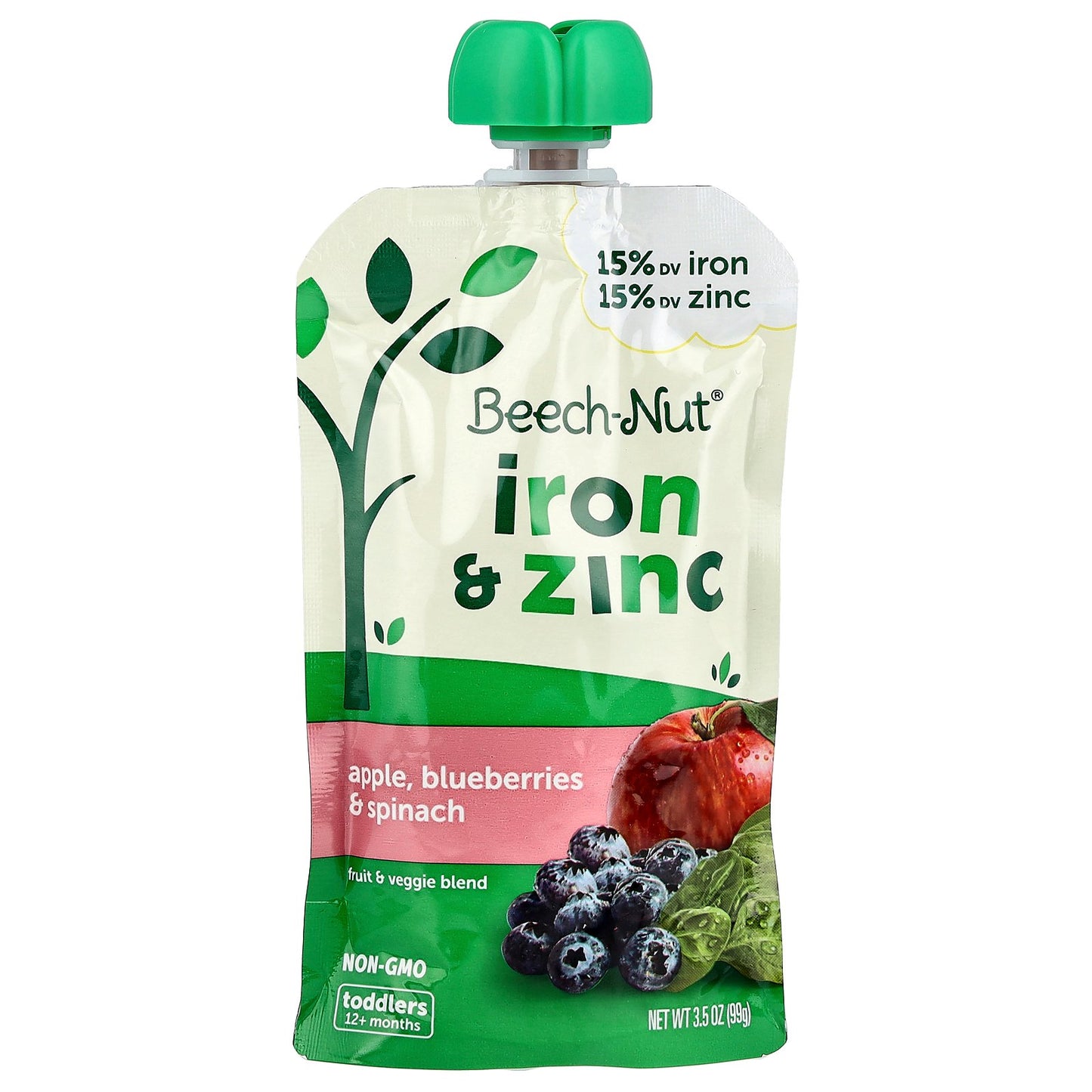Beech-Nut, Iron & Zinc, 12+ Months, Apple, Blueberries & Spinach, 3.5 oz (99 g)