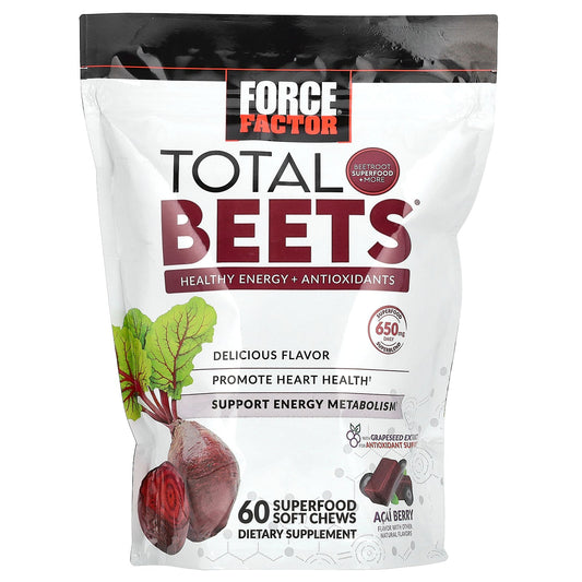 Force Factor, Total Beets®, Healthy Energy + Antioxidants, Acai Berry, 325 mg, 60 Superfood Soft Chews