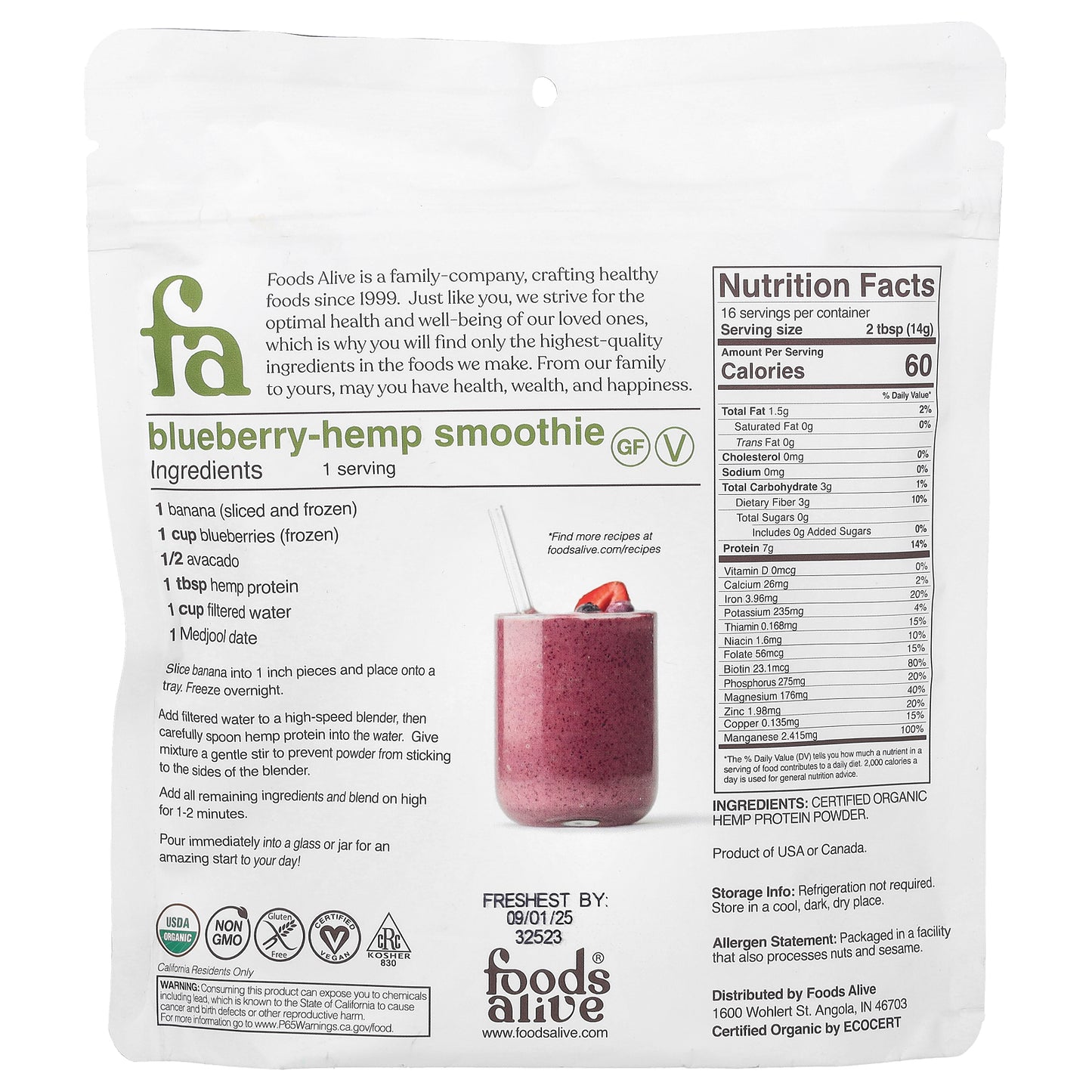 Foods Alive, Organic Hemp Protein Powder, 8 oz (227 g)