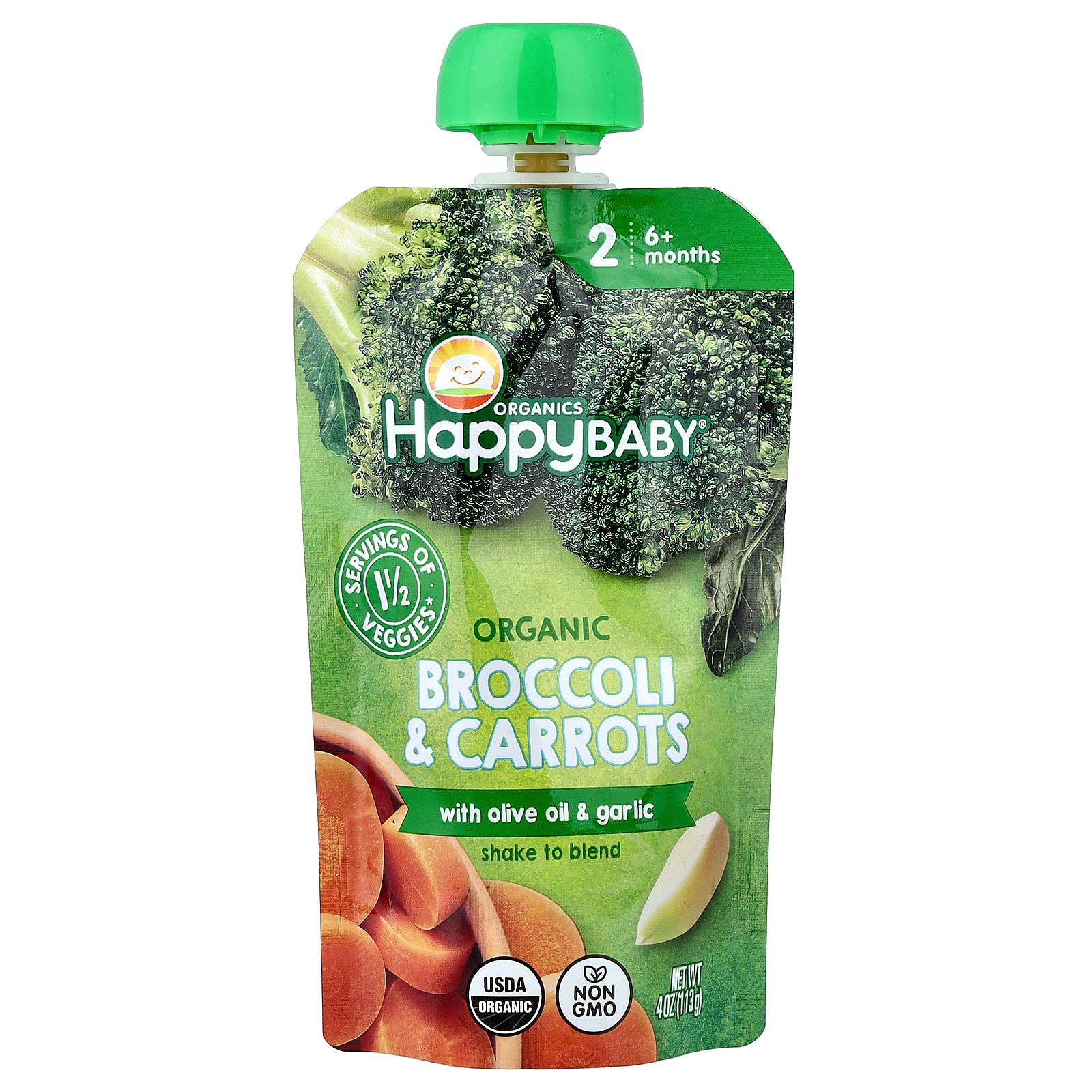 Happy Family Organics, Happy Baby®, Organic Broccoli & Carrots with Olive Oil + Garlic, 6+ Months, 4 oz (113 g)
