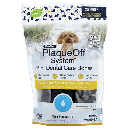 ProDen, PlaqueOff System™, Mini Dental Care Bones, For Small and Toy Dogs, Peanut Butter & Banana, 20 Bones, 12 oz (340 g)