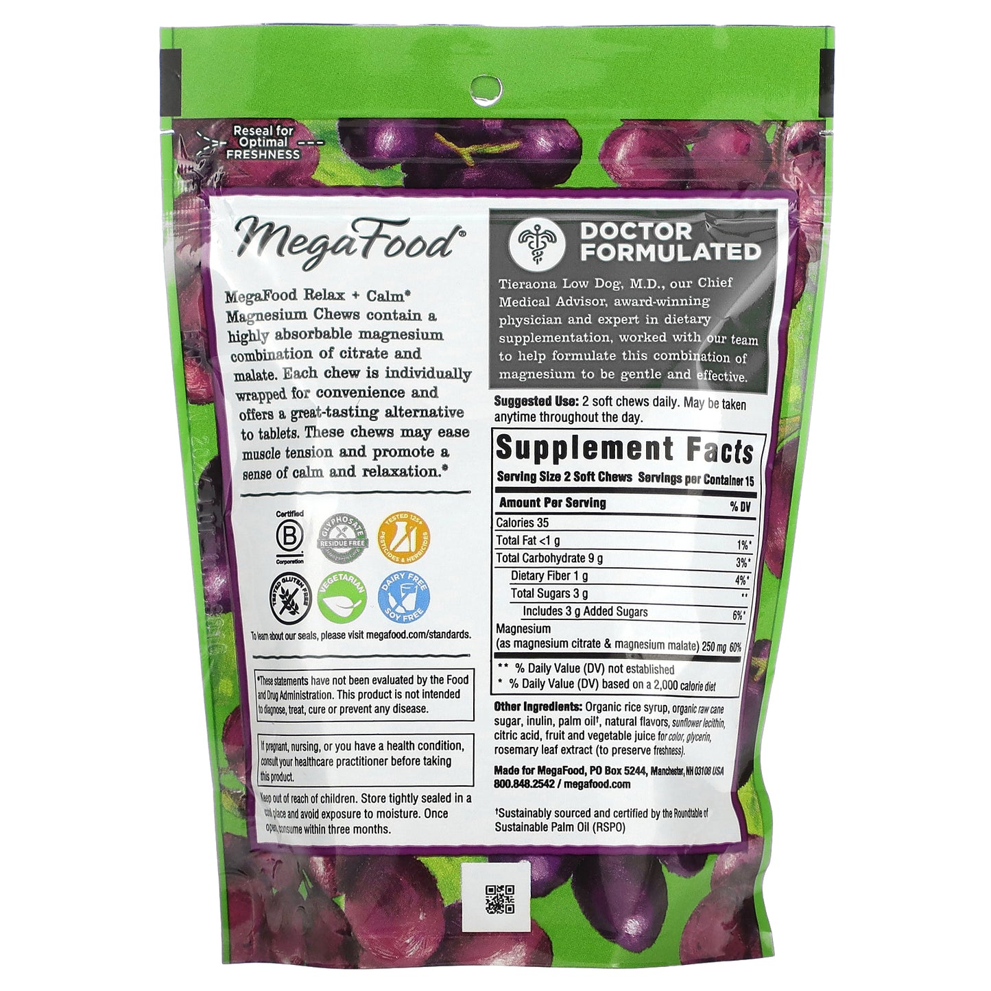 MegaFood, Relax + Calm Magnesium Soft Chews, Grape, 250 mg, 30 Individually Wrapped Soft Chews (125 mg per Chew)