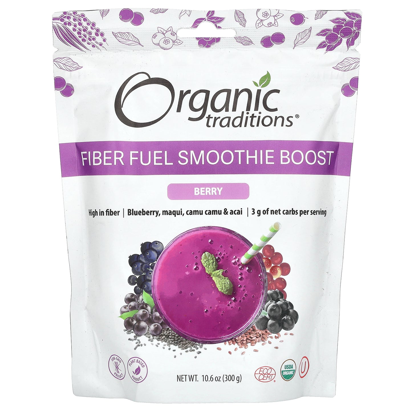 Organic Traditions, Fiber Fuel Smoothie Boost, Berry, 10.6 oz (300 g)