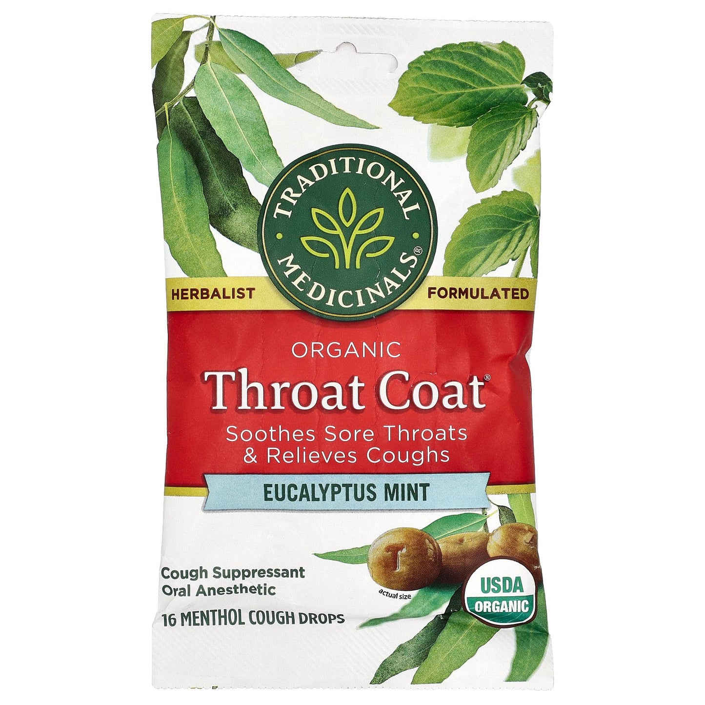 Traditional Medicinals, Organic Throat Coat® Drops, Eucalyptus Mint, 16 Menthol Cough Drops