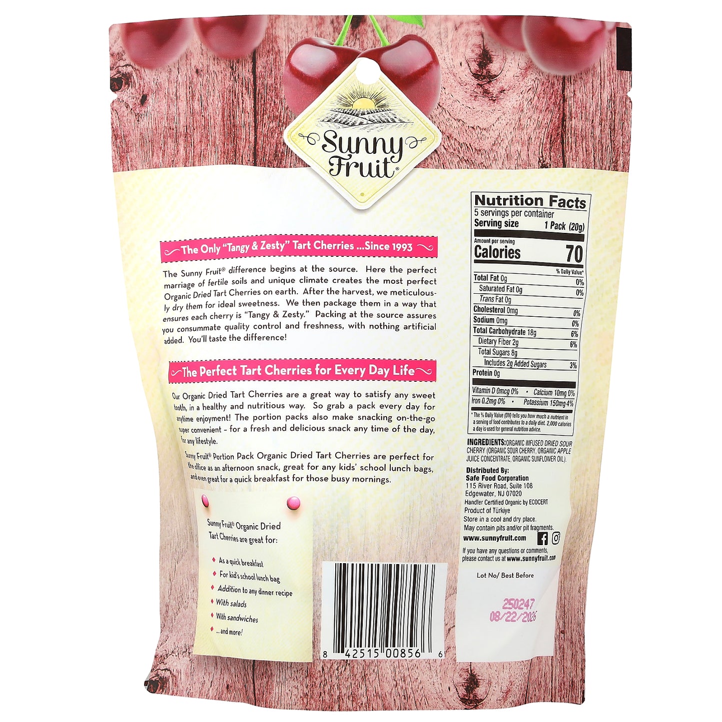 Sunny Fruit, Organic Dried Tart Cherries, 5 Portion Packs, 0.7 oz (20 g) Each