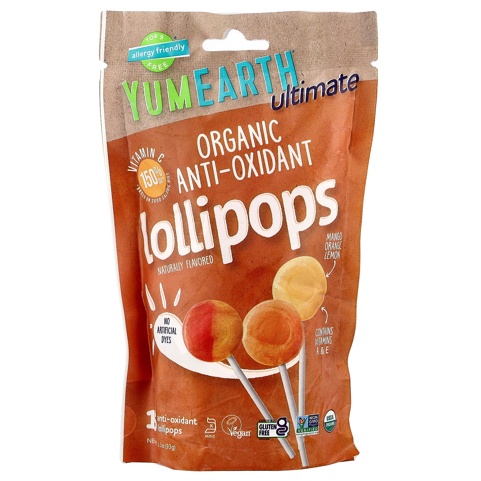 YumEarth, Ultimate, Organic Anti-Oxidant Lollipops, Mango, Orange,  Lemon, 15 Lollipops, 3.3 oz (93 g)