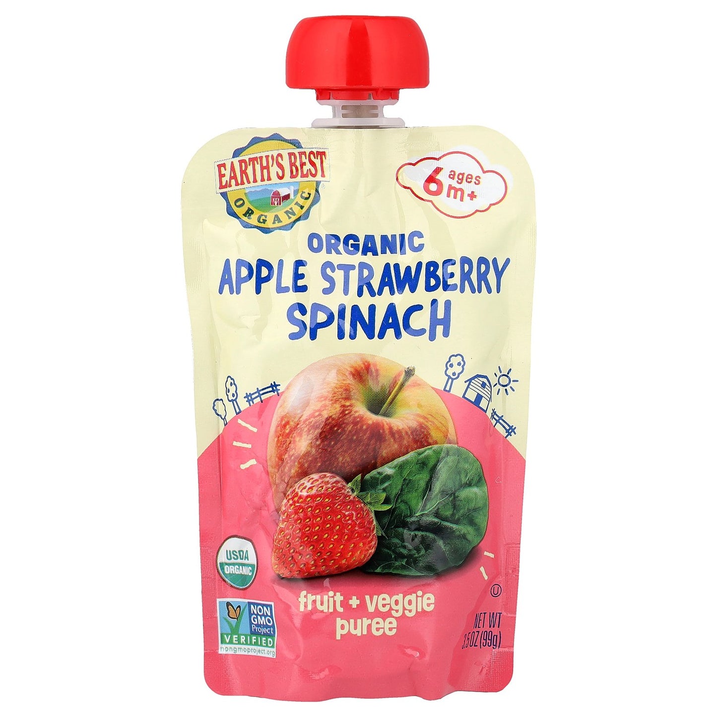 Earth's Best, Organic Fruit + Veggie Puree, 6+ Months, Apple Strawberry Spinach, 3.5 oz (99 g)