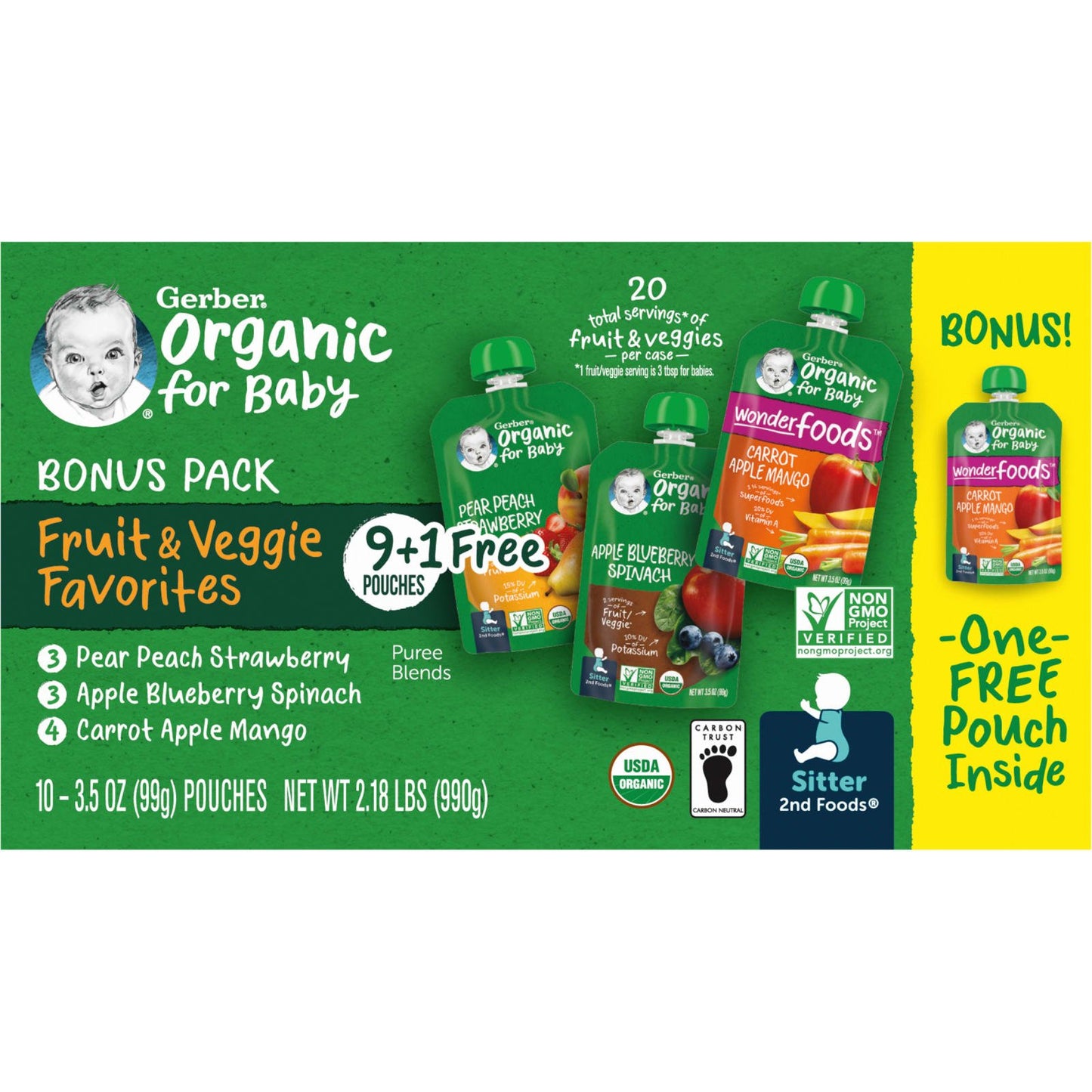 Gerber, Organic for Baby, 2nd Foods, Fruit & Veggie Favorites, 9 Pouches, 3.5 oz (99 g) Each