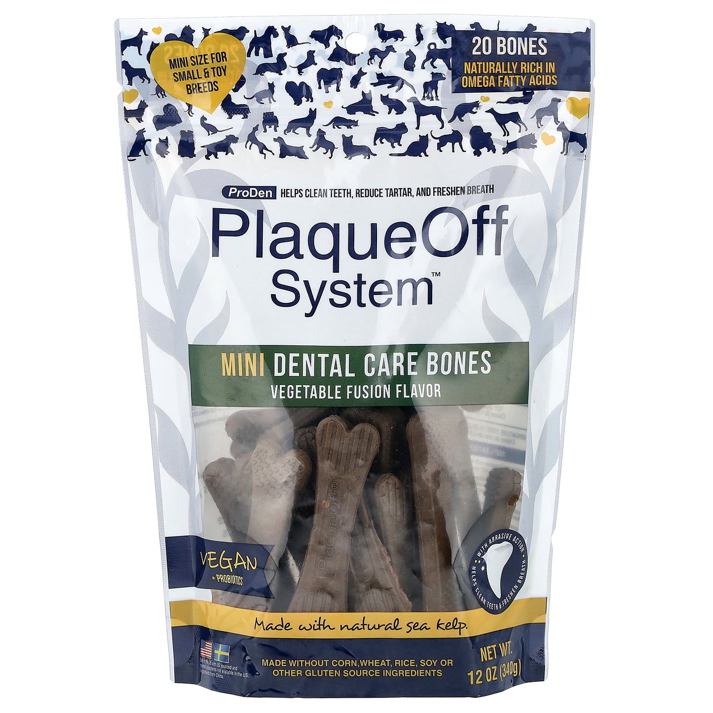 ProDen, PlaqueOff System™, Mini Dental Care Bones, For Small & Toy Breed Dogs, Vegetable Fusion, 20 Bones, 12 oz (340 g)