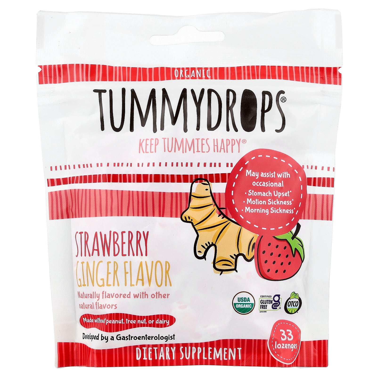 Tummydrops, Organic Strawberry Ginger Drops, 33 Lozenges