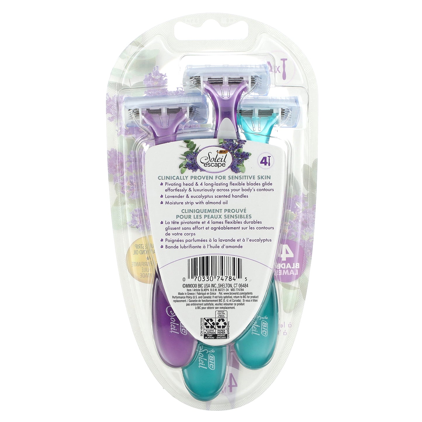 BIC, Soleil Escape, Women's Disposable Razors, Lavender & Eucalyptus, 4 Razors