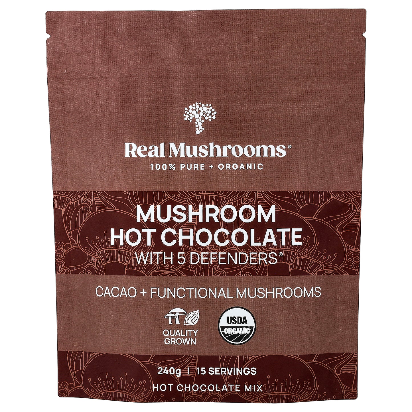 Real Mushrooms, Mushroom Hot Chocolate with 5 Defenders®, 240 g