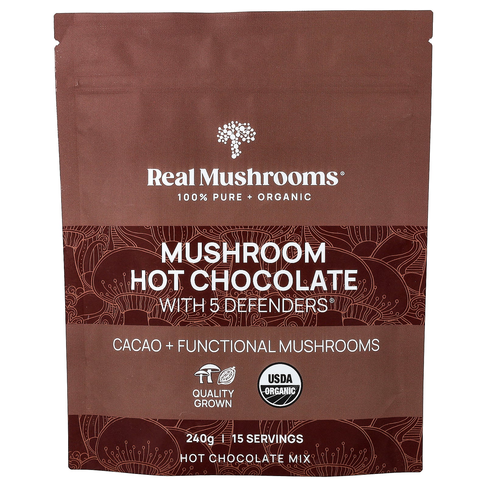 Real Mushrooms, Mushroom Hot Chocolate with 5 Defenders®, 240 g