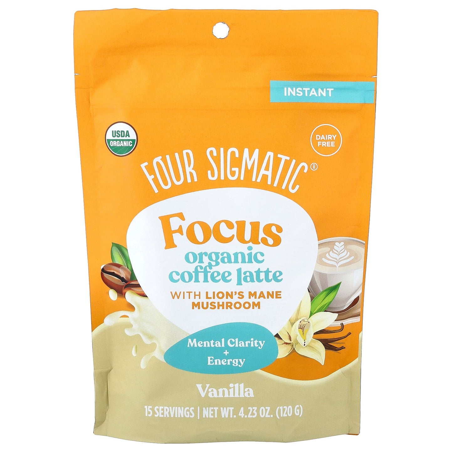 Four Sigmatic, Focus, Organic Instant Coffee Latte With Lion's Mane Mushroom, Vanilla, 4.23 oz (120 g)