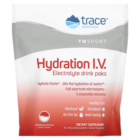 Trace, TM Sport, Hydration I.V., Electrolyte Drink Paks, Strawberry Coconut, 16 Packets, 0.56 oz (16 g) Each