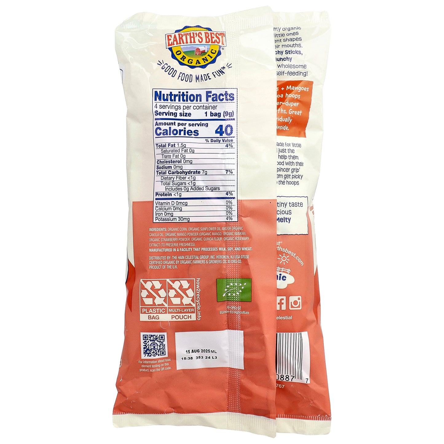 Earth's Best, Organic Melty Hoops, Puffed Corn Snack, 8+ Months, Strawberries + Mangoes, 4 Single Serve Packs, 0.32 oz (9 g) Each