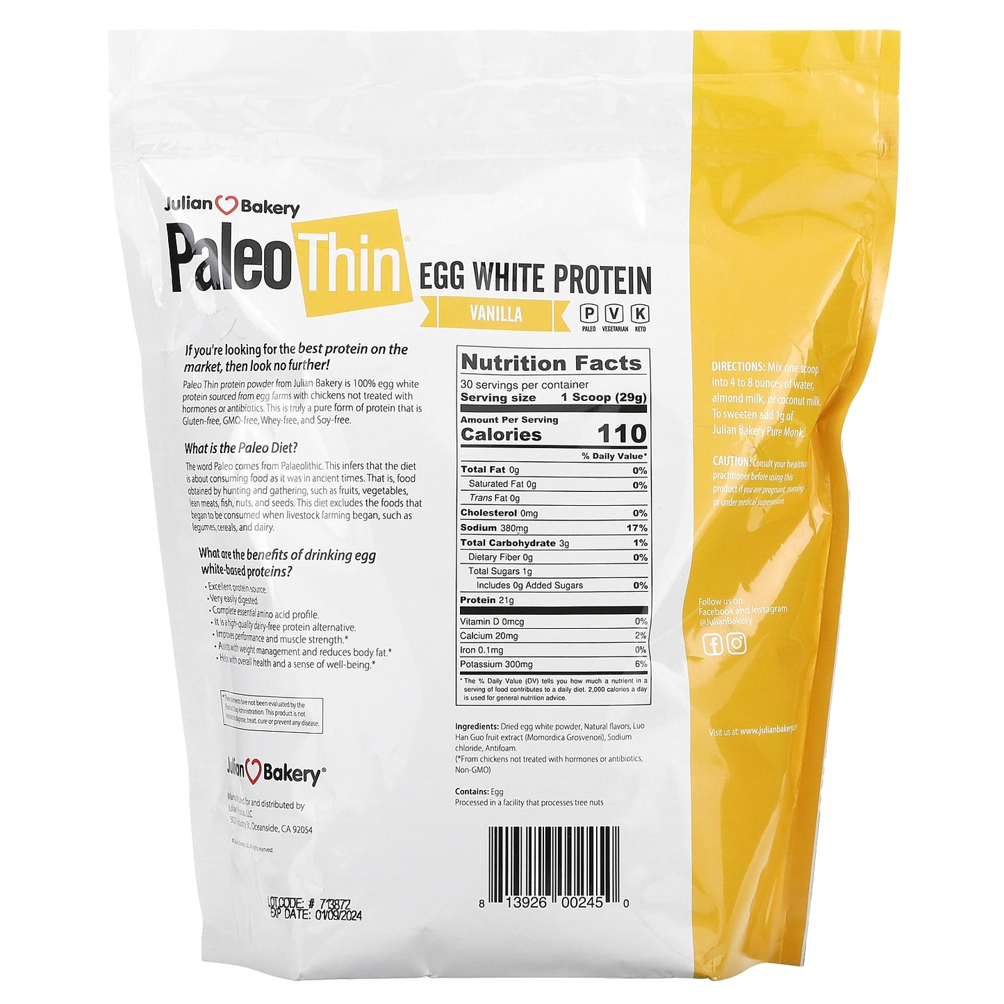 Julian Bakery, Paleo Thin, Egg White Protein, Vanilla, 1.92 lbs (870 g)