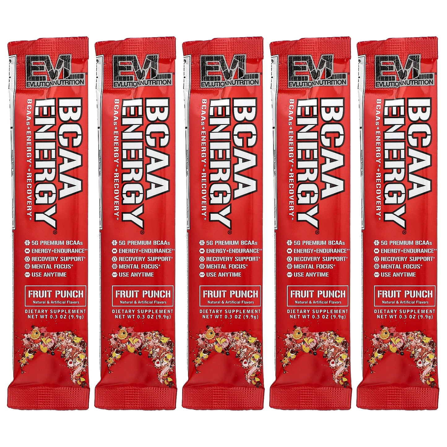 EVLution Nutrition, BCAA Energy®, Fruit Punch, 5 Packets, 0.3 oz (9.9 g) Each