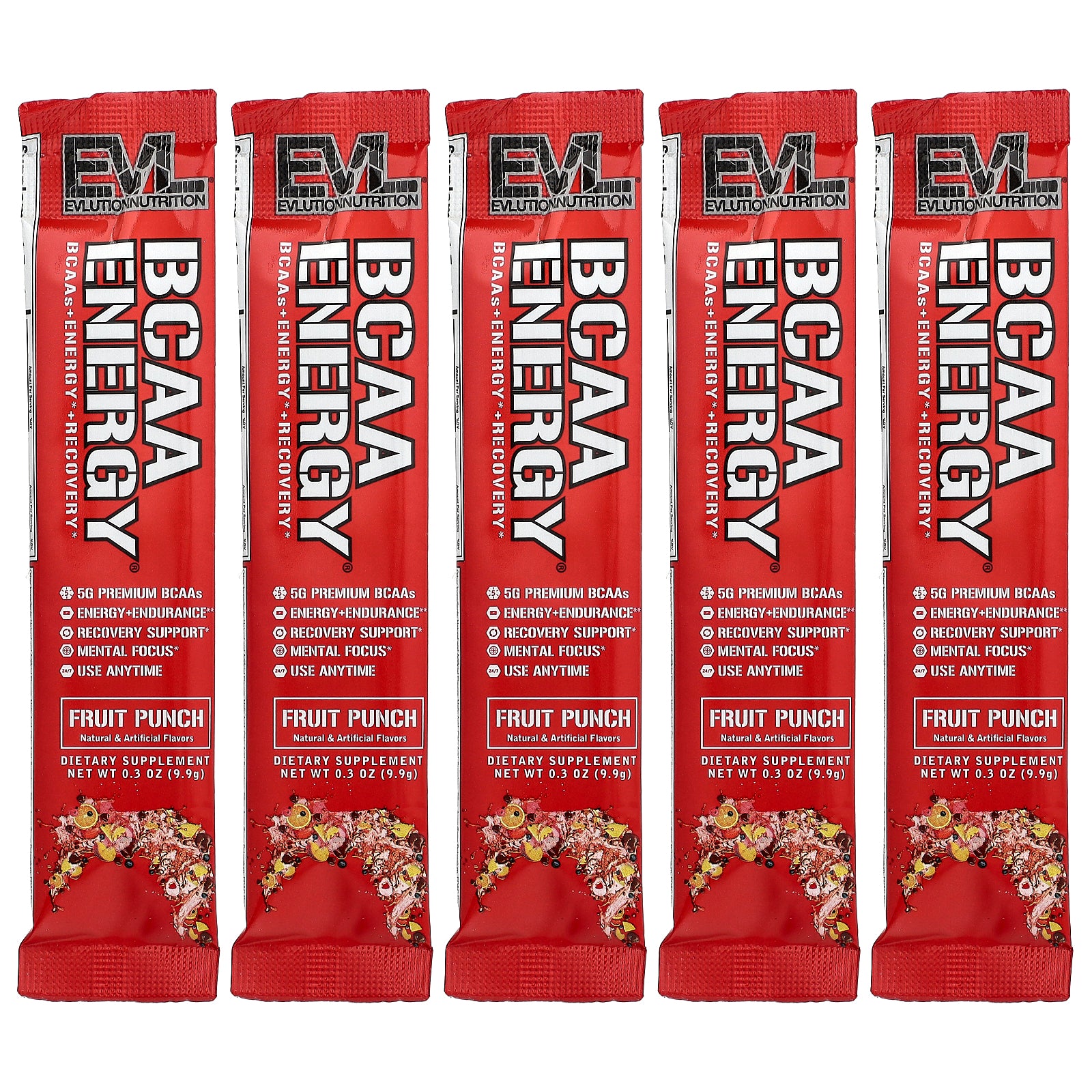 EVLution Nutrition, BCAA Energy®, Fruit Punch, 5 Packets, 0.3 oz (9.9 g) Each