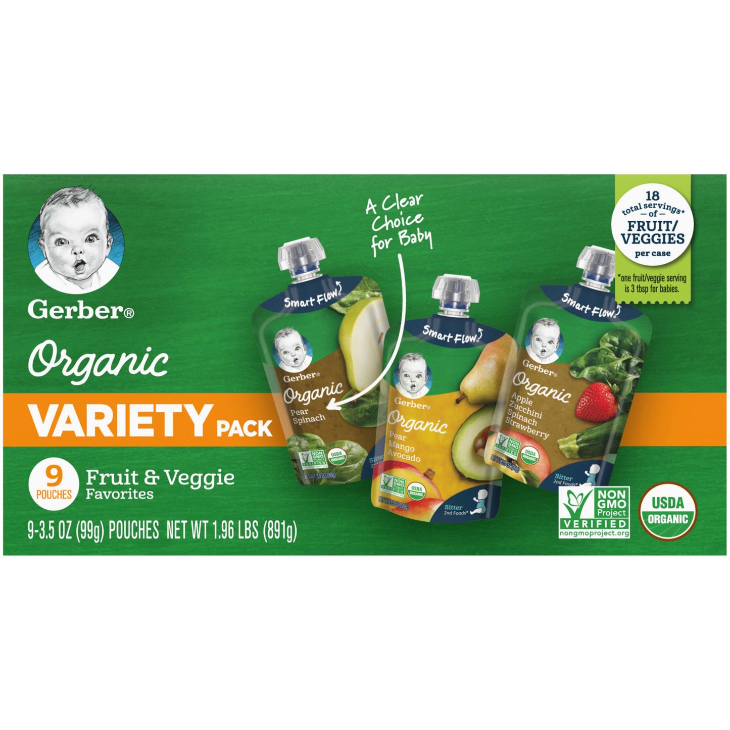 Gerber, Organic Variety Pack, 2nd Foods®, Fruit & Veggie Favorites, 9 Pouches, 3.5 oz (99 g) Each