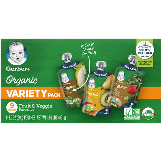 Gerber, Organic Variety Pack, 2nd Foods®, Fruit & Veggie Favorites, 9 Pouches, 3.5 oz (99 g) Each