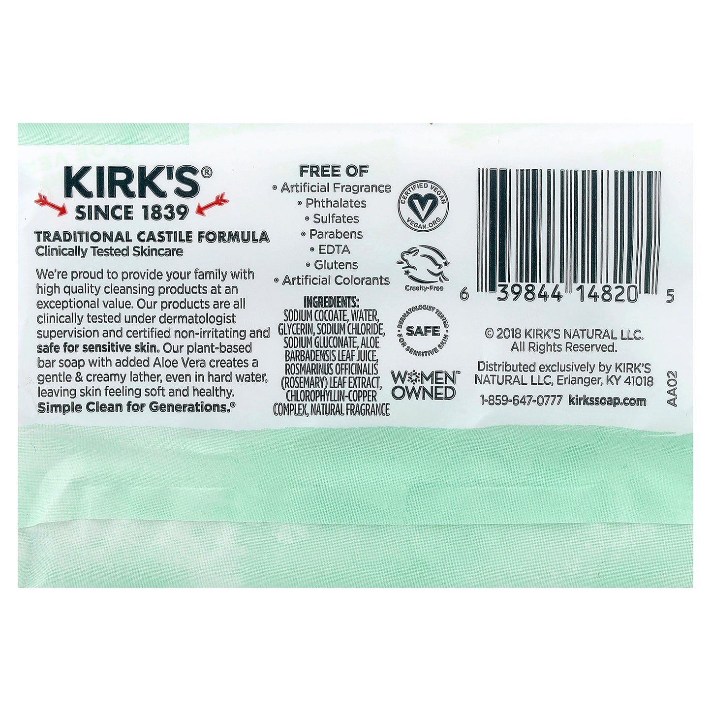 Kirk's, 100% Premium Coconut Oil Castile Bar Soap, Soothing Aloe Vera, 3 Bars, 4 oz (113 g) Each