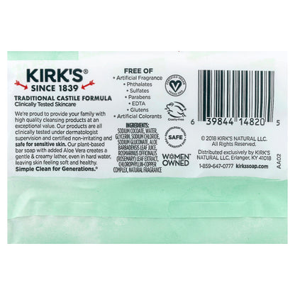 Kirk's, 100% Premium Coconut Oil Castile Bar Soap, Soothing Aloe Vera, 3 Bars, 4 oz (113 g) Each