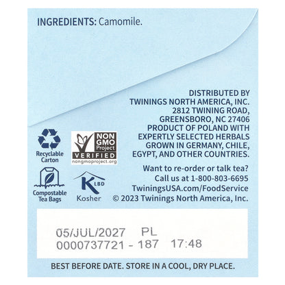 Twinings, Pure Herbal Tea, Pure Camomile, Caffeine-Free, 25 Tea Bags, 1.32 oz (37 g)
