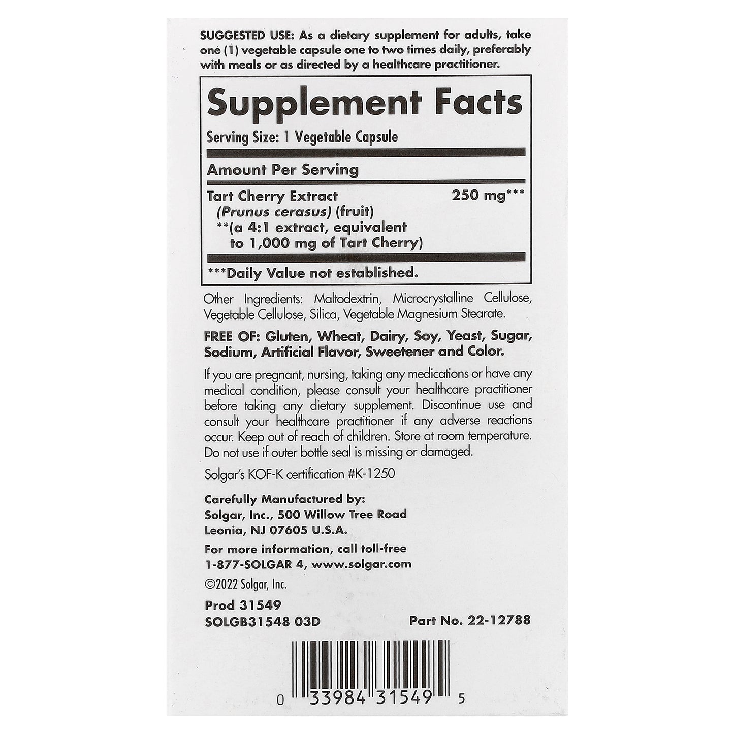 Solgar, Tart Cherry Extract, 1,000 mg, 90 Vegetable Capsules