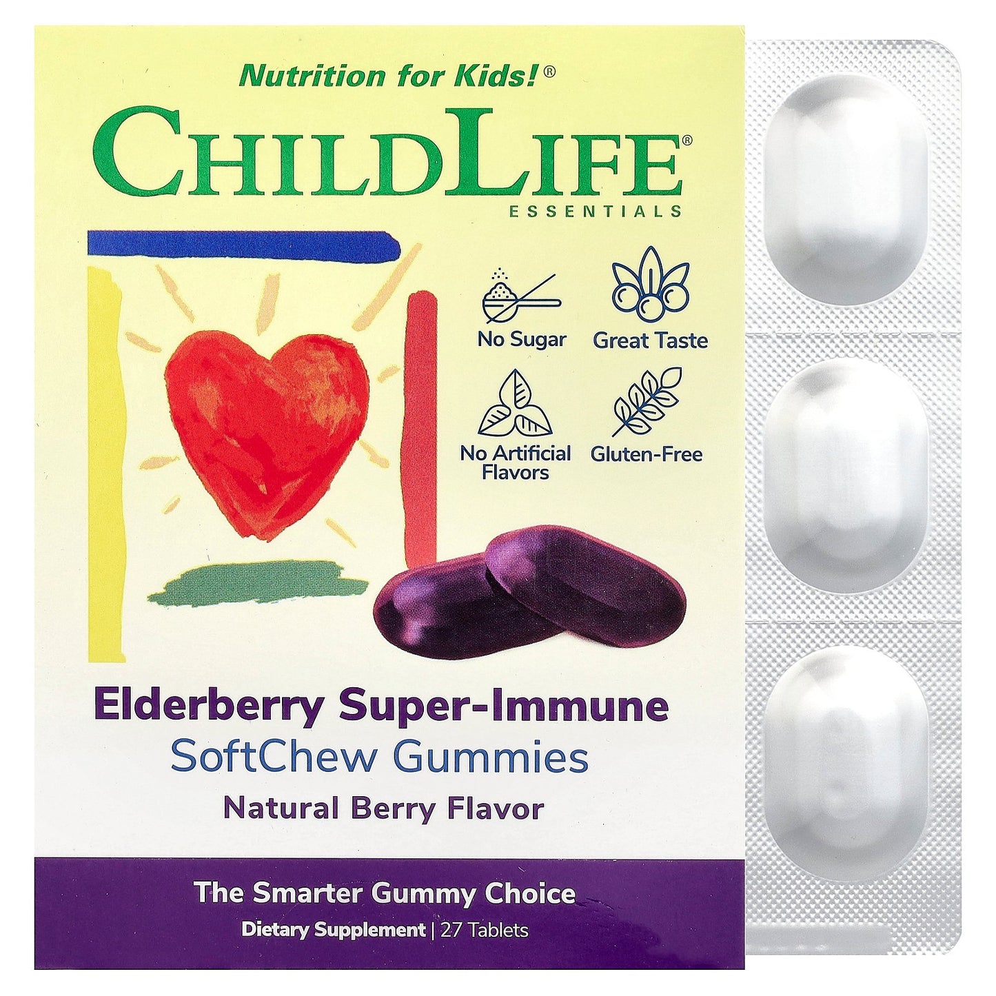 ChildLife Essentials, Kids, Elderberry Super-Immune SoftChew Gummies, Natural Berry, 27 Tablets