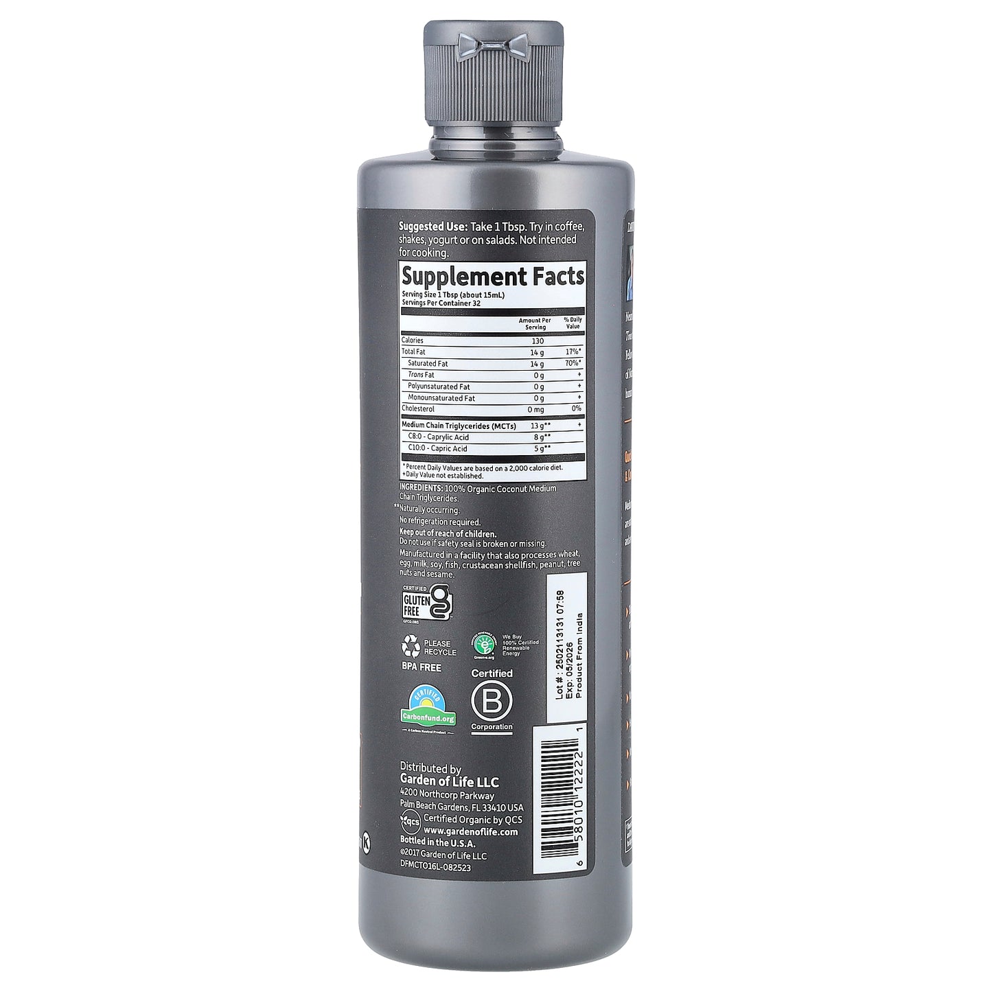 Garden of Life, Dr. Formulated Brain Health, 100% Organic Coconut MCT Oil, Unflavored, 16 fl oz (473 ml)