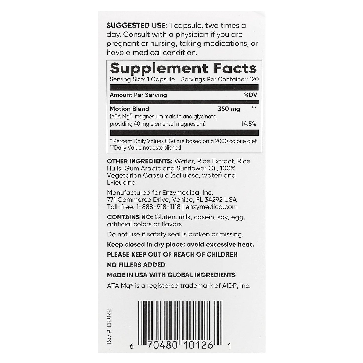 Enzymedica, Magnesium Motion, 350 mg, 120 Capsules