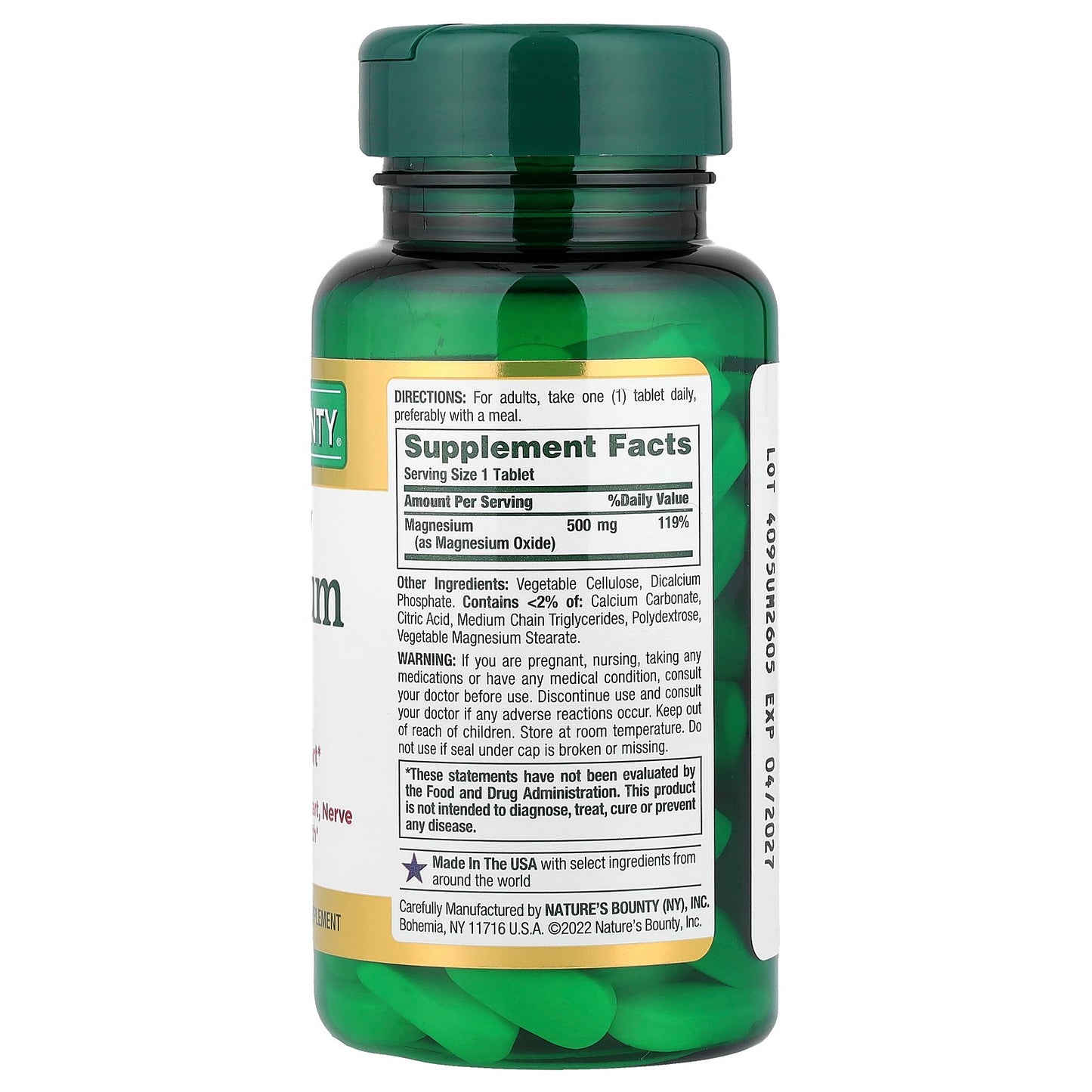 Nature's Bounty, Magnesium, High Potency, 500 mg, 100 Coated Tablets