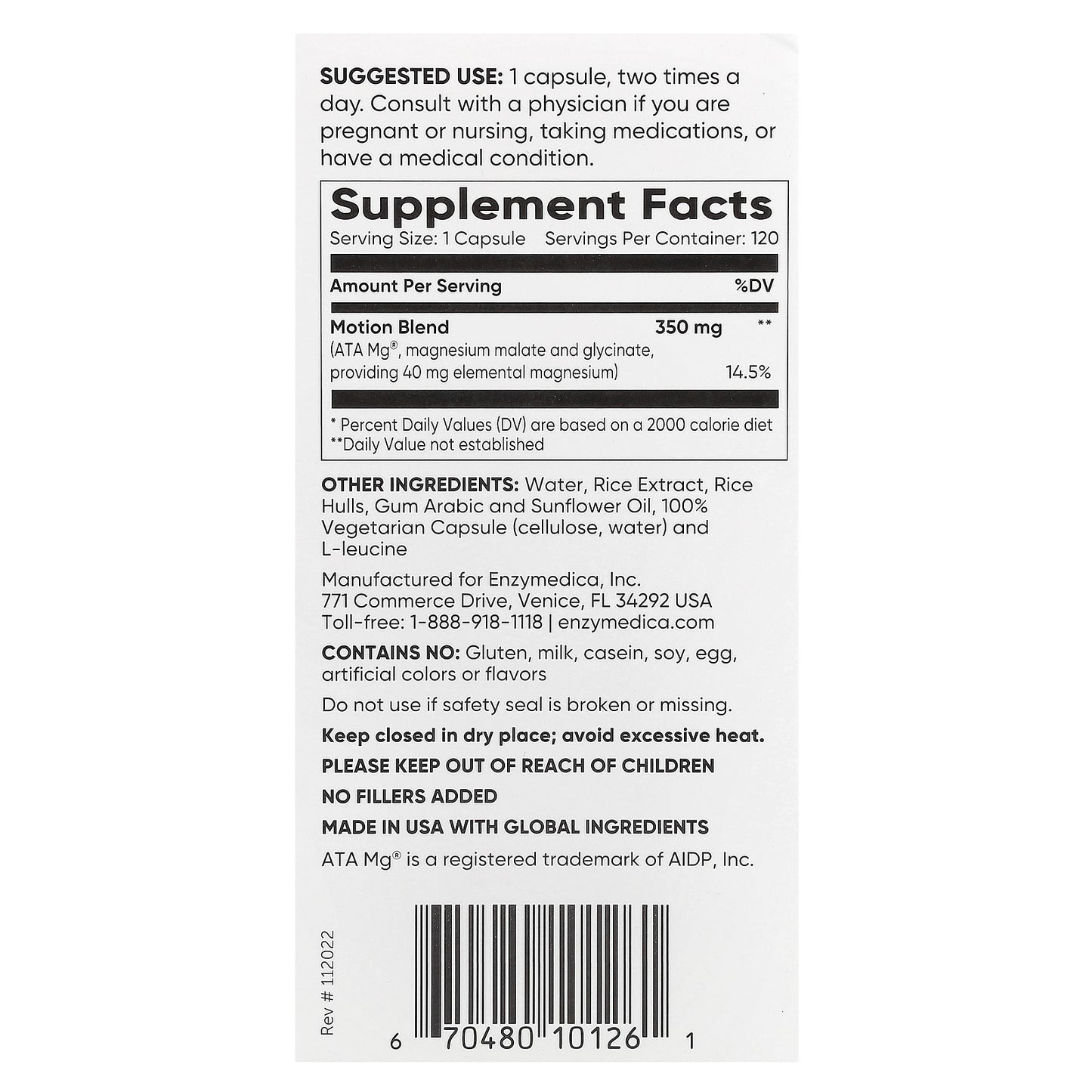 Enzymedica, Magnesium Motion, 120 Capsules (350 mg per Capsule)