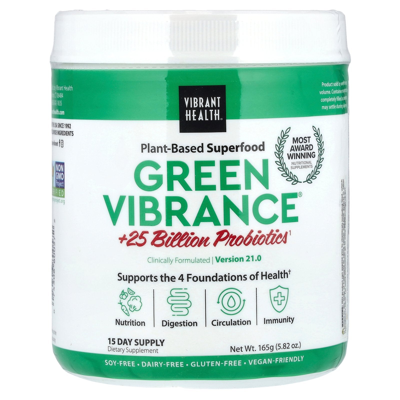 Vibrant Health, Green Vibrance +25 Billion Probiotics, Version 21.0, 5.82 oz (165 g)