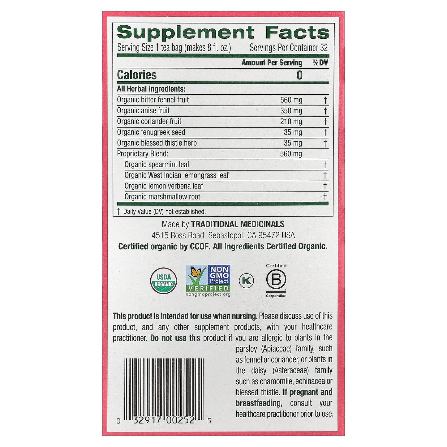 Traditional Medicinals, Organic Mother's Milk®, Original with Fennel & Fenugreek, Caffeine Free, 32 Wrapped Tea Bags, 1.98 oz (56 g)