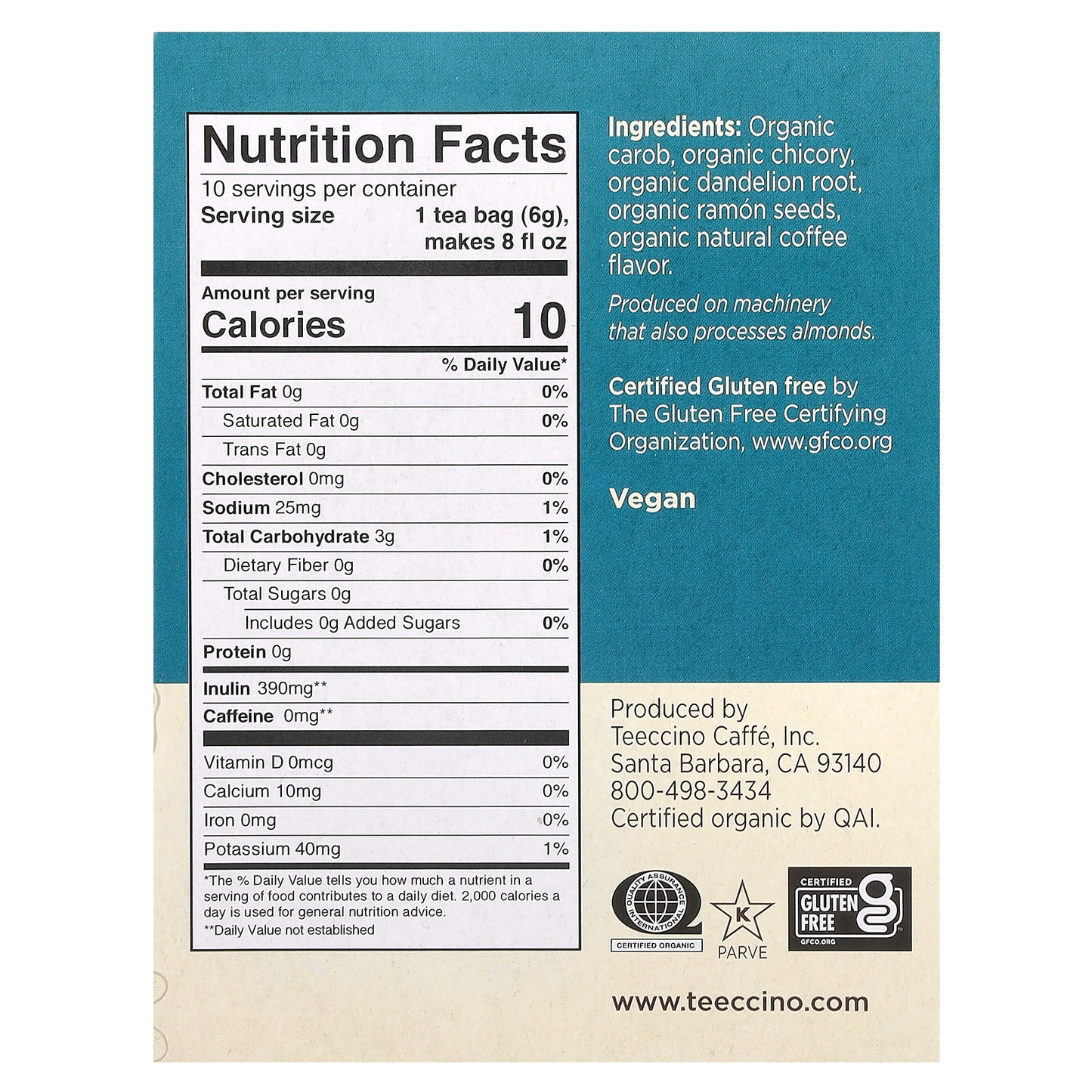 Teeccino, Organic Roasted Herbal Tea, Dandelion, Dark Roast, Caffeine Free, 10 Tea Bags, 2.12 oz (60 g)