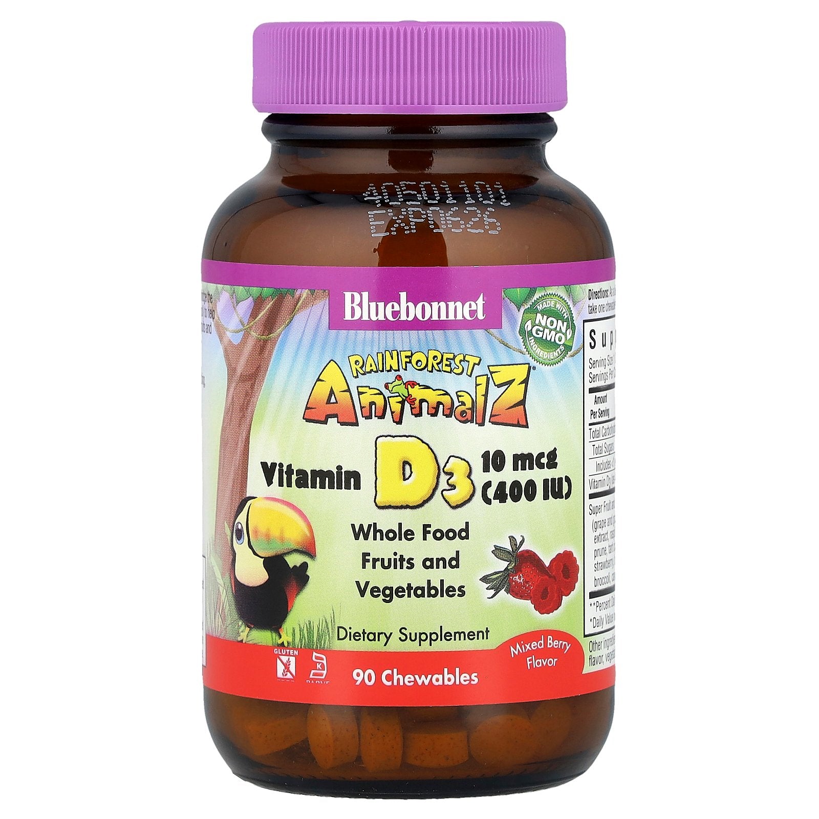 Bluebonnet Nutrition, Rainforest Animalz®, Vitamin D3, Mixed Berry, 90 Chewables