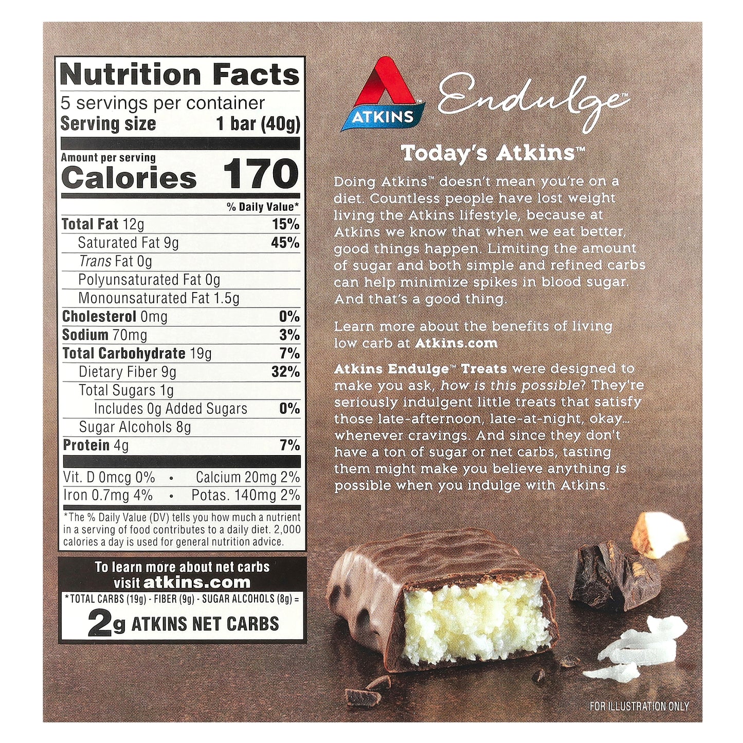 Atkins, Endulge™, Treat, Chocolate Coconut Bar, 5 Bars, 1.41 oz (40 g) Each