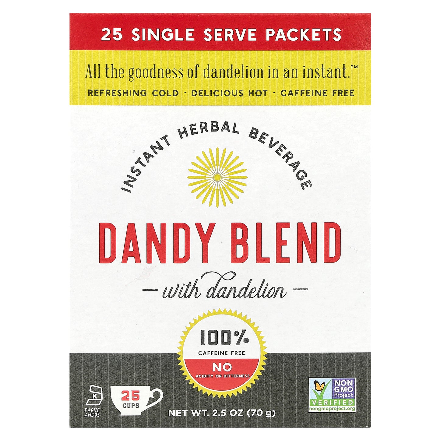 Dandy Blend, Instant Herbal Beverage with Dandelion, Caffeine Free, 25 Single Serve Packets, 2.8 g Each