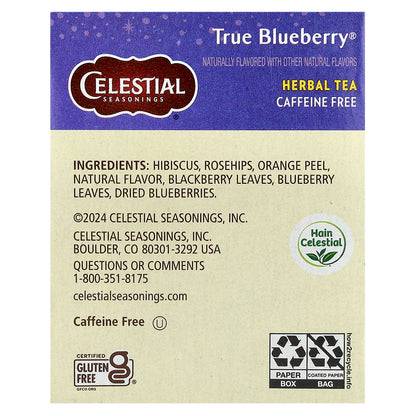 Celestial Seasonings, Herbal Tea, True Blueberry®, Caffeine Free, 20 Tea Bags, 1.6 oz (45 g)