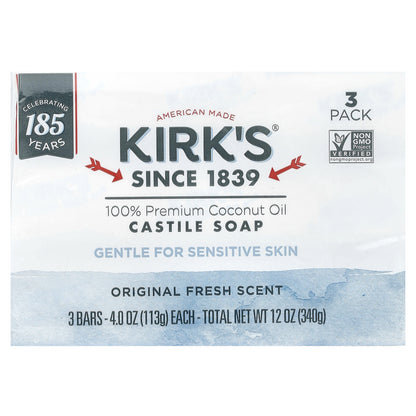 Kirk's, 100% Premium Coconut Oil Castile Bar Soap, Original Fresh, 3 Bars, 4 oz (113 g) Each