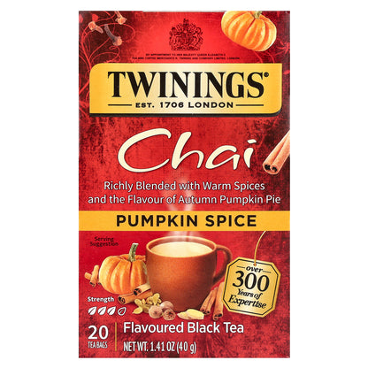 Twinings, Flavored Black Tea, Chai, Pumpkin Spice, 20 Tea Bags, 1.41 oz (40 g)